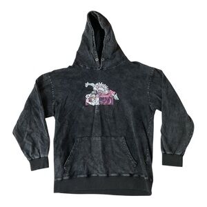 Anime Graphic Hoodie Medium Black Acid Wash Streetwear Unisex